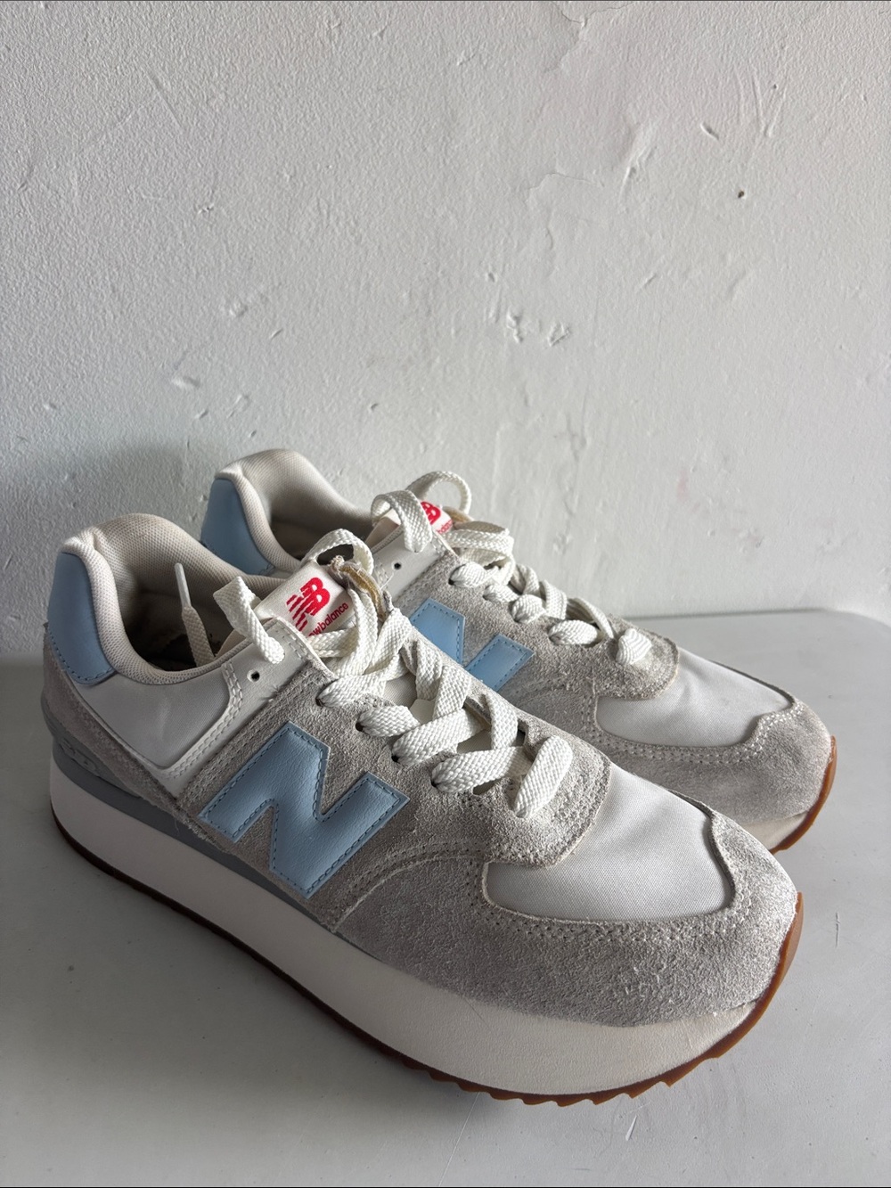 New Balance 574 Cream & Light Blue Retro-Inspired Sneakers - Picture 3 of 6